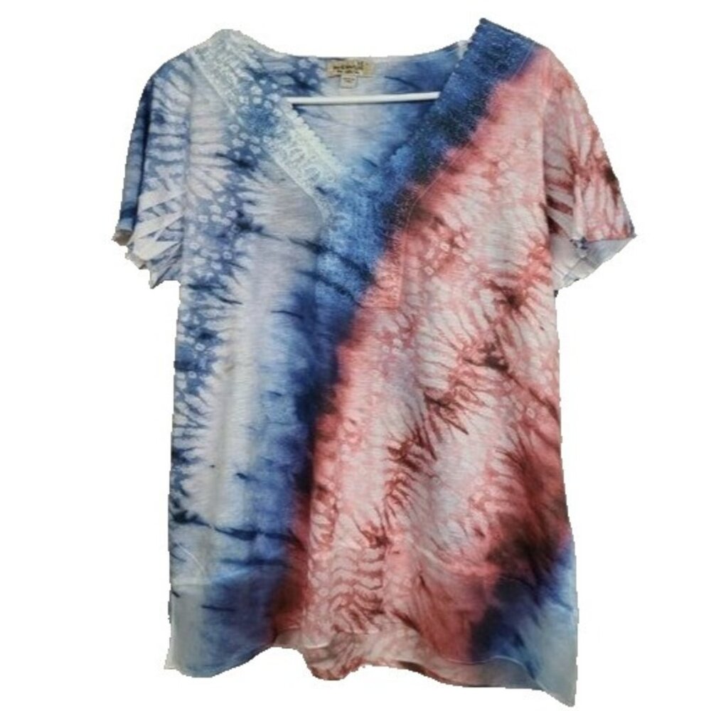 One‎ World Womens Top Large Blue Red Tie Dye Lace Accent Short Sleeve Americana